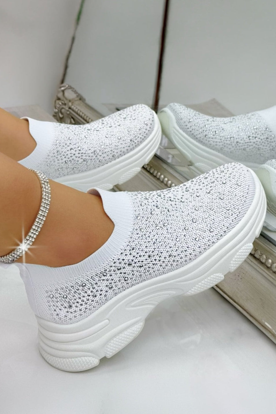 Socken-Sneaker Weiß mit Strass für Damen 3