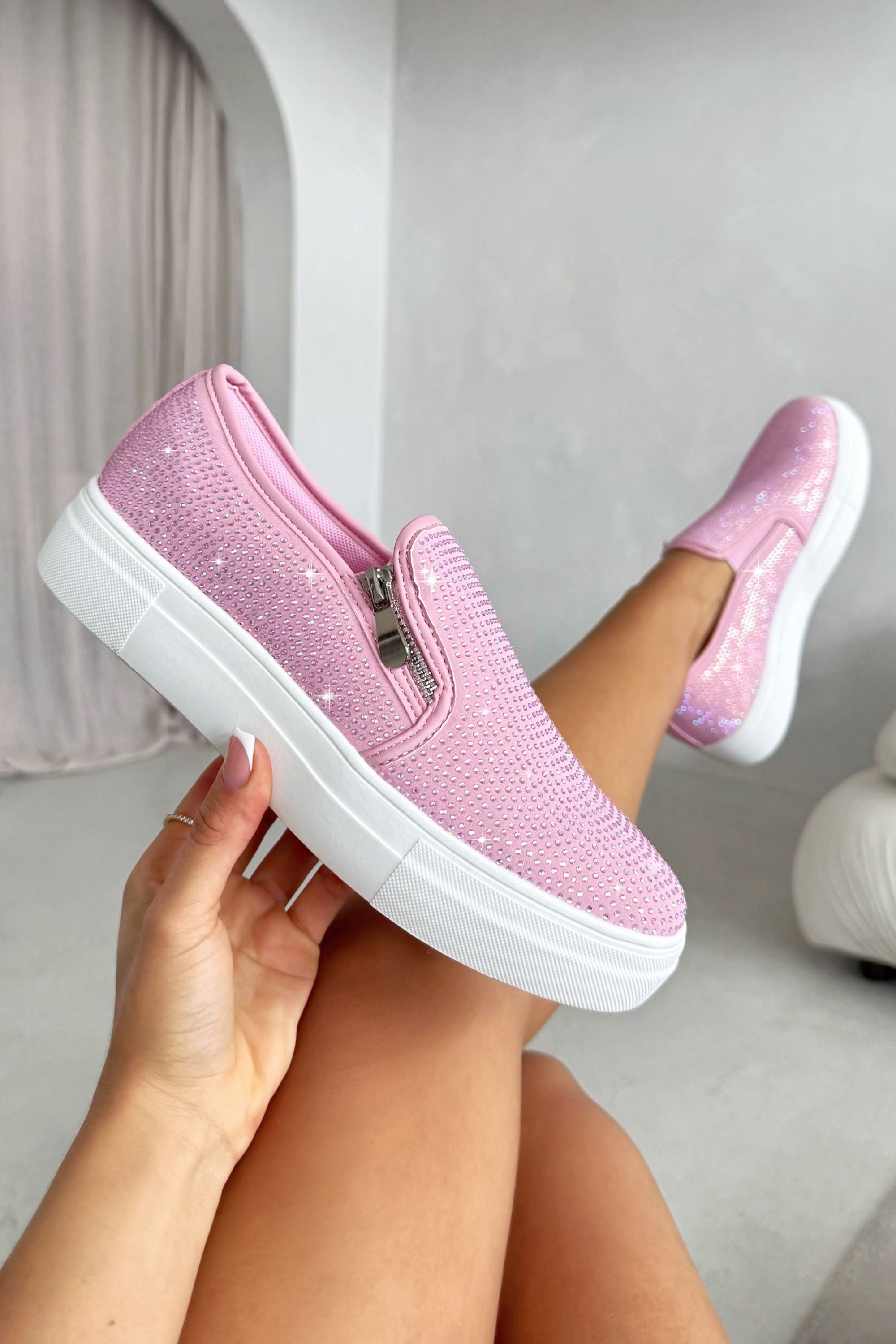 Slip-On Sneaker Pink mit Kristallverzierung