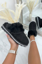 Glitzernde Deluxe Snugg Hausschuhe in Schwarz mit Kunstfellbesatz.