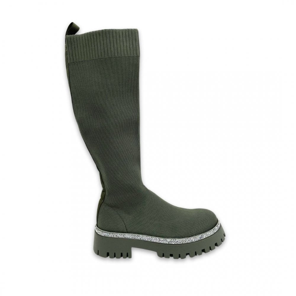 Glitzernde knöchelhohe Sockenschuhe in Khaki für stilvolle Herbsttage. 3