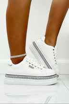 Glitzernde Plateau-Sneaker Weiß mit Kristallen 6