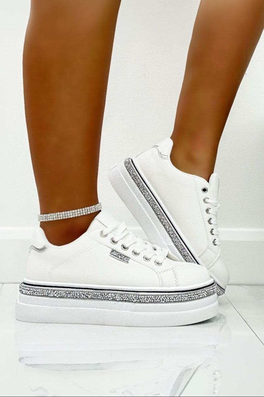 Glitzernde Plateau-Sneaker Weiß mit Kristallen 6