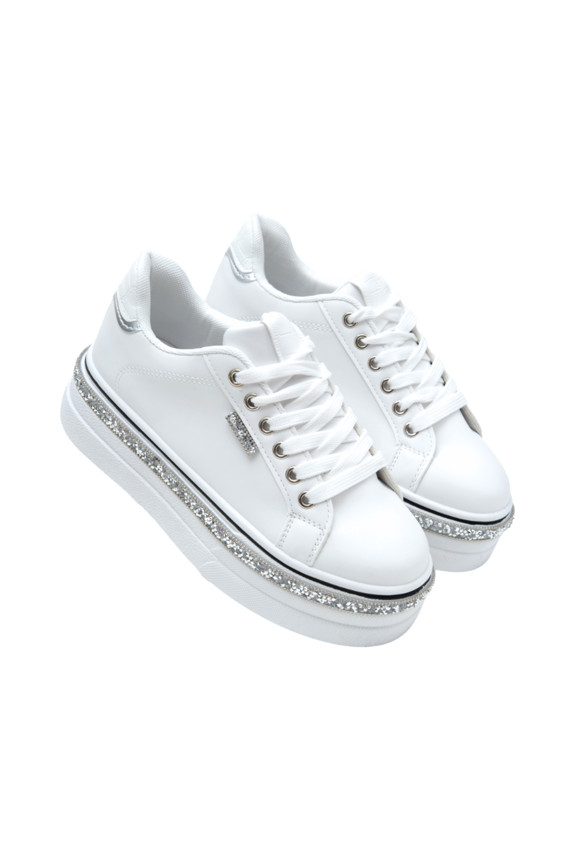 Glitzernde Plateau-Sneaker Weiß mit Kristallen 9