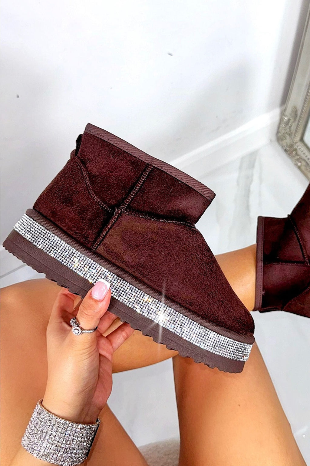 Kristall Diamantkante Gemütliche Mini Stiefel in Braun 2