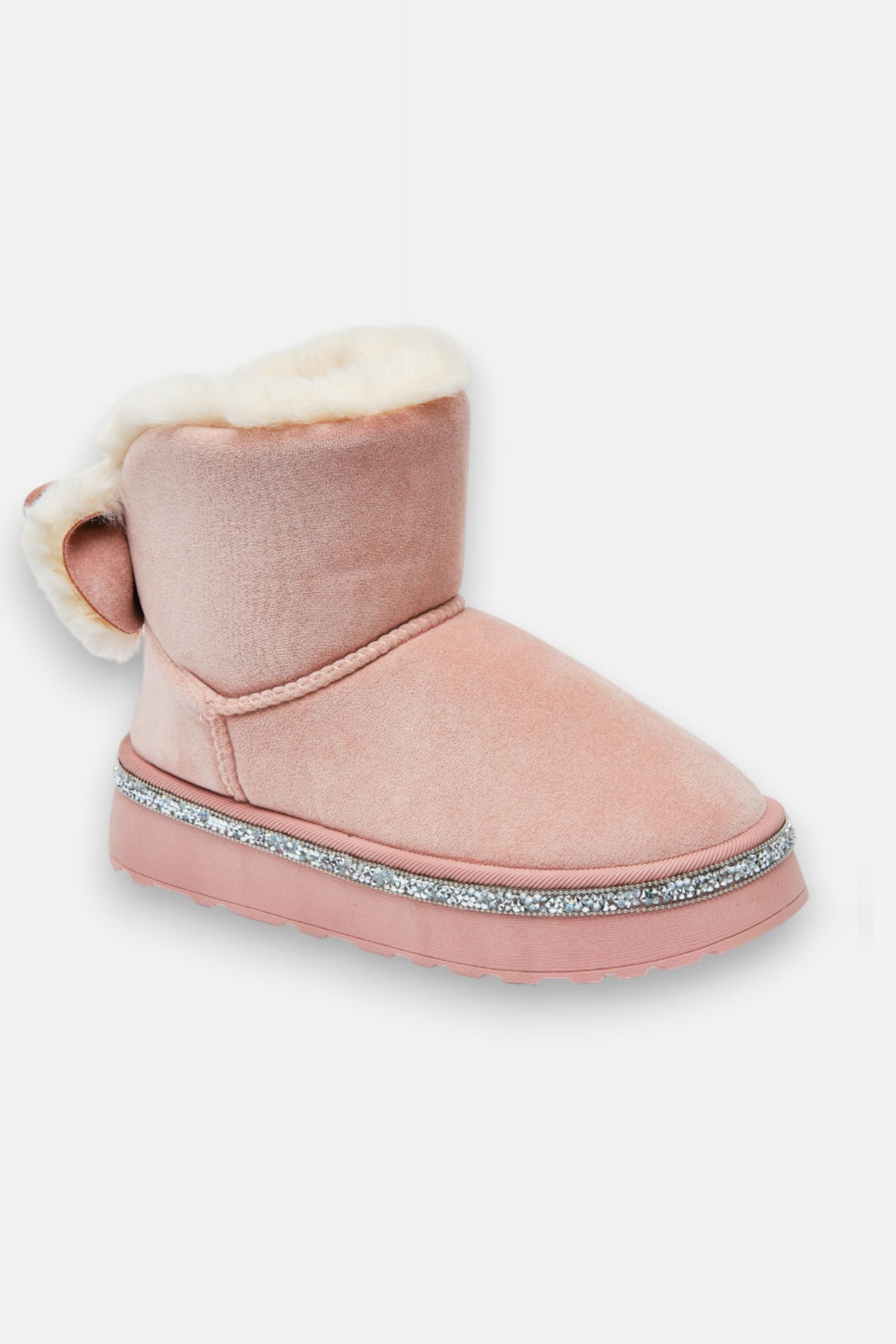 Kristall Faux Fur Schleife Snugg Boots in Rosa für gemütlichen Winterkomfort. 7