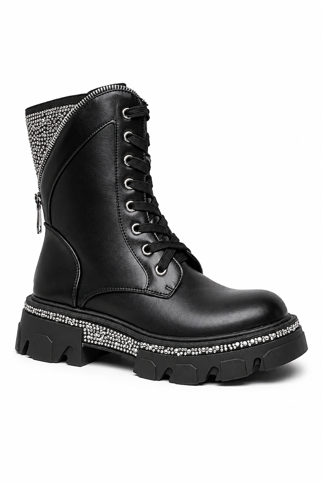 Kristall Glamour Krieger Biker Stiefel in Schwarz mit funkelnden Verzierungen. 5