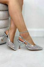 Kristall Siren Slingback Court Heels in Silber mit Glitzer 2