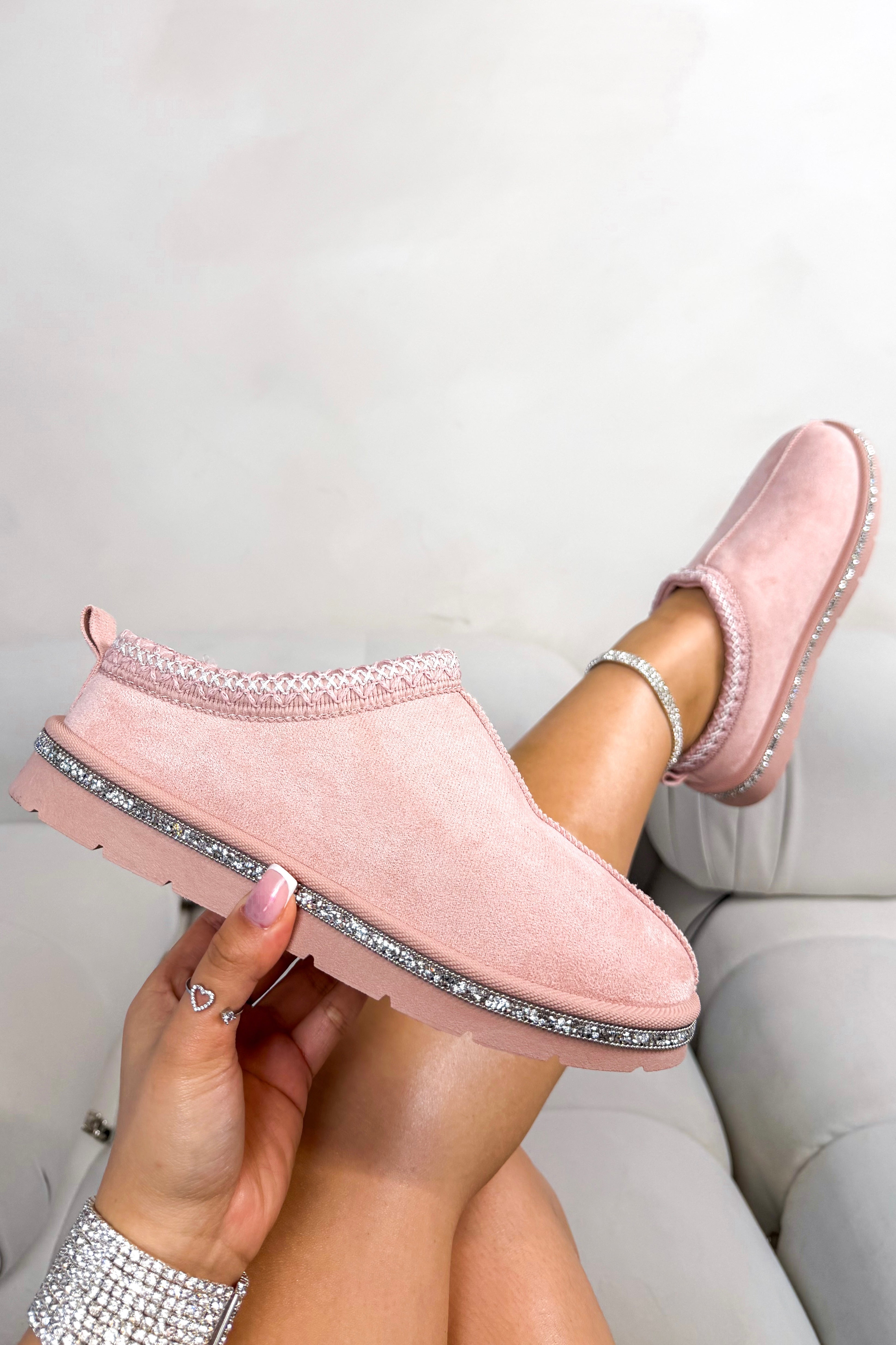 Kristall Tazgirl Kunstfell gefütterte Clogs Slipper in Rosa
