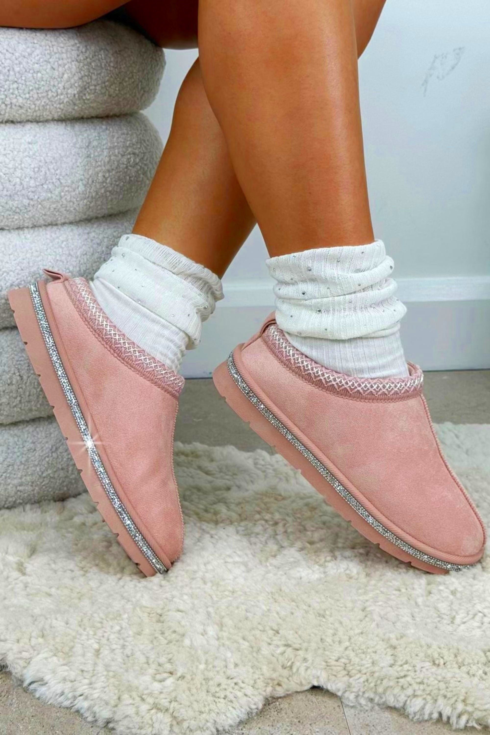 Kristall Tazgirl Kunstfell gefütterte Clogs Slipper in Rosa 2