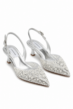 Elegante Kristallperlen Abend Slingback Kitten Heels in Silber. 3