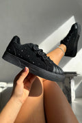 Kristallverzierte schwarze Schnürtrainer für Damen
