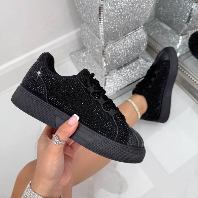 Kristallverzierte schwarze Schnürtrainer für Damen 3