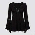 Elegante Lace-Up Flare Sleeve Bluse für Frauen in Schwarz. 2