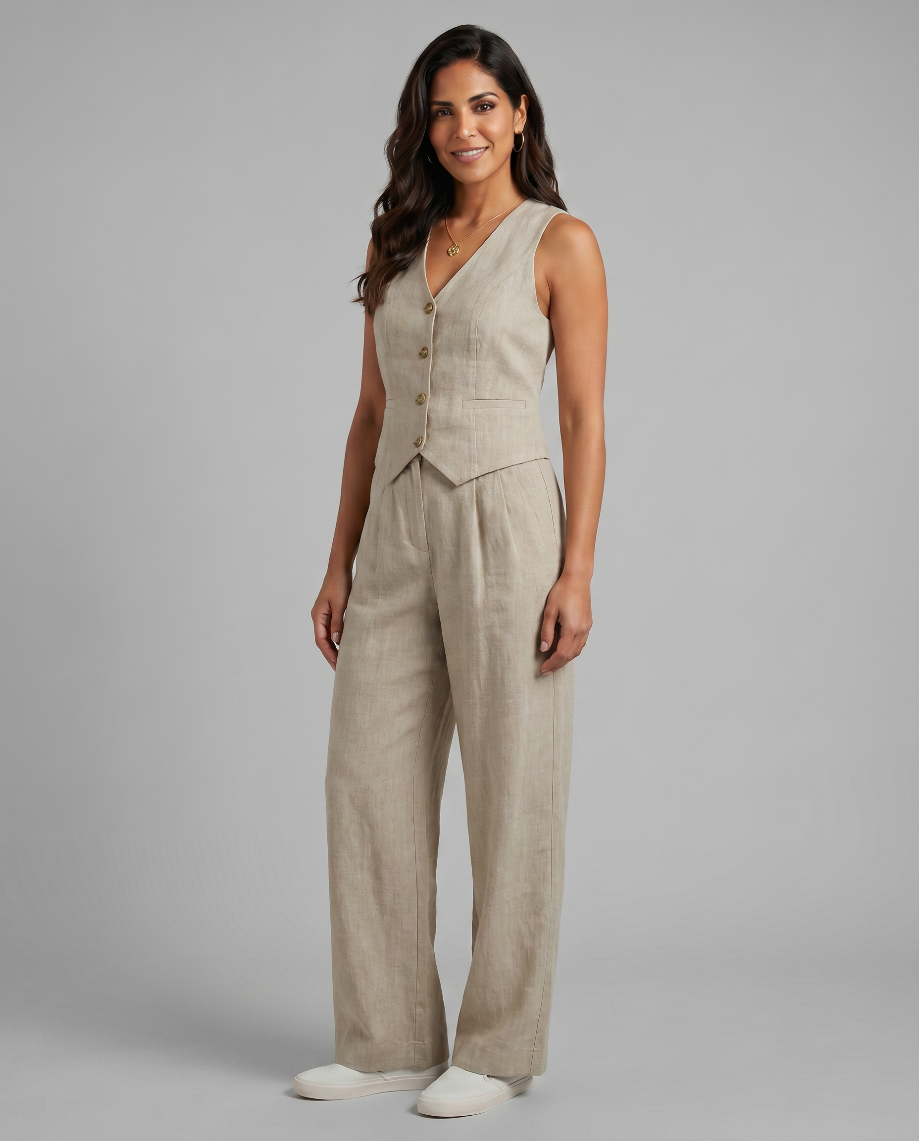 Elegantes Leinen Co-Ord Set für Frauen mit Weste und weit geschnittenen Hosen. 9