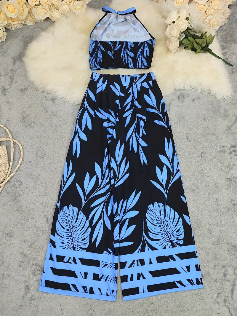 Tropisches Haltertop und weite Hose für Frauen in elegantem Design. 11