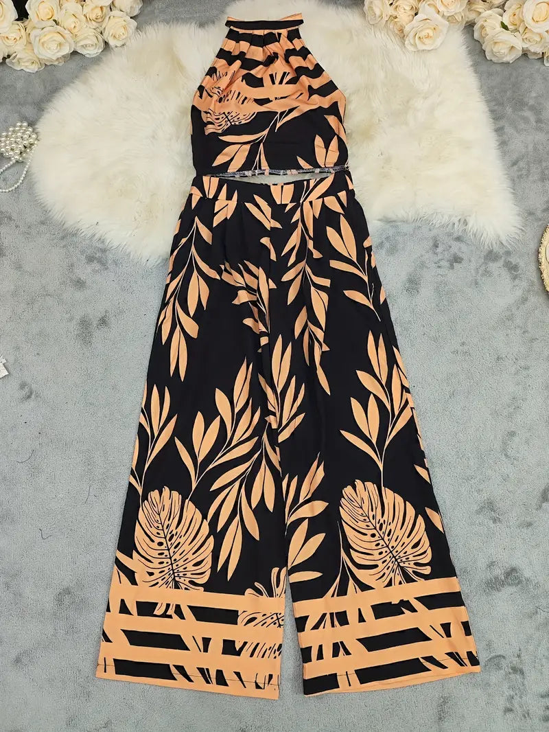 Tropisches Haltertop und weite Hose für Frauen in elegantem Design. 4