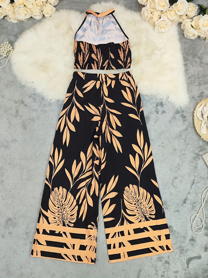 Tropisches Haltertop und weite Hose für Frauen in elegantem Design. 5