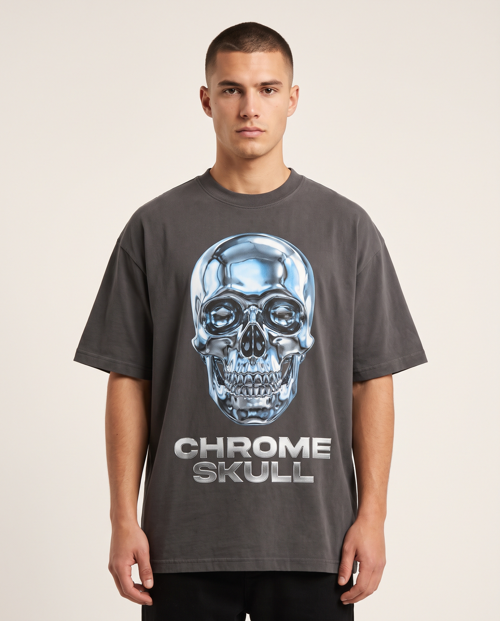 Chrom-Schädel Oversized Streetwear T-Shirt, Vorderansicht – Pursesnet