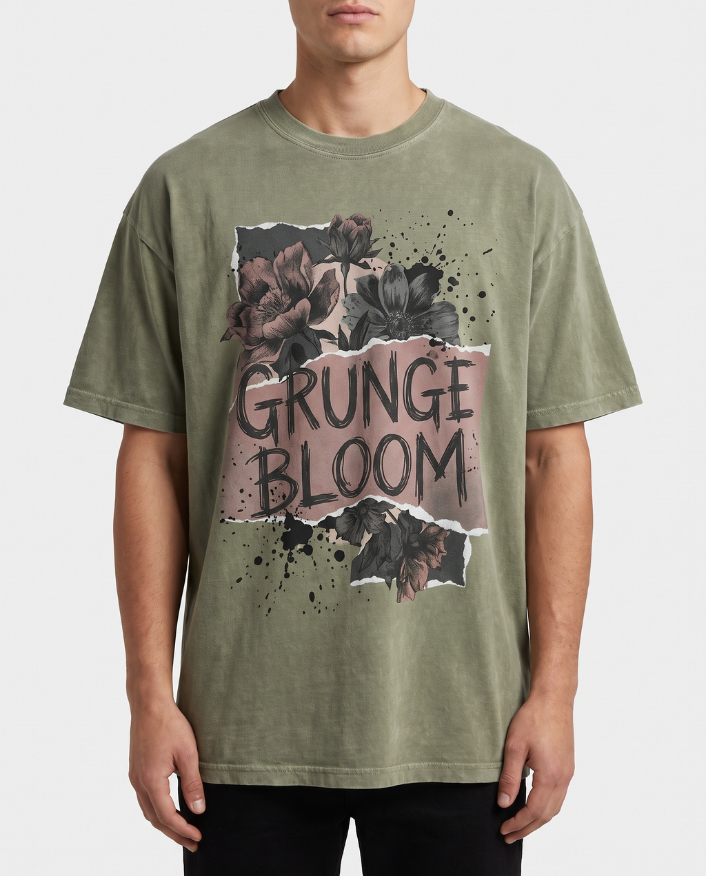 Grunge Blüte Oversized Streetwear T-Shirt, Vorderansicht – Pursesnet