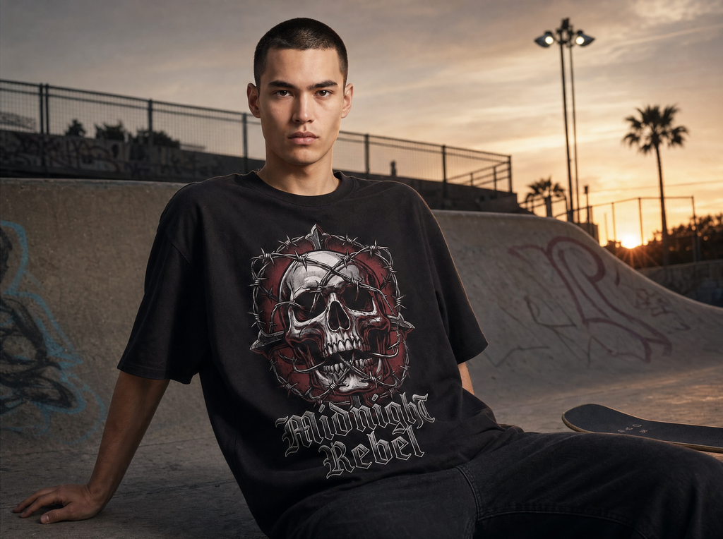 Mitternachtsrebell Oversized Streetwear T-Shirt – Lifestyle-Aufnahme