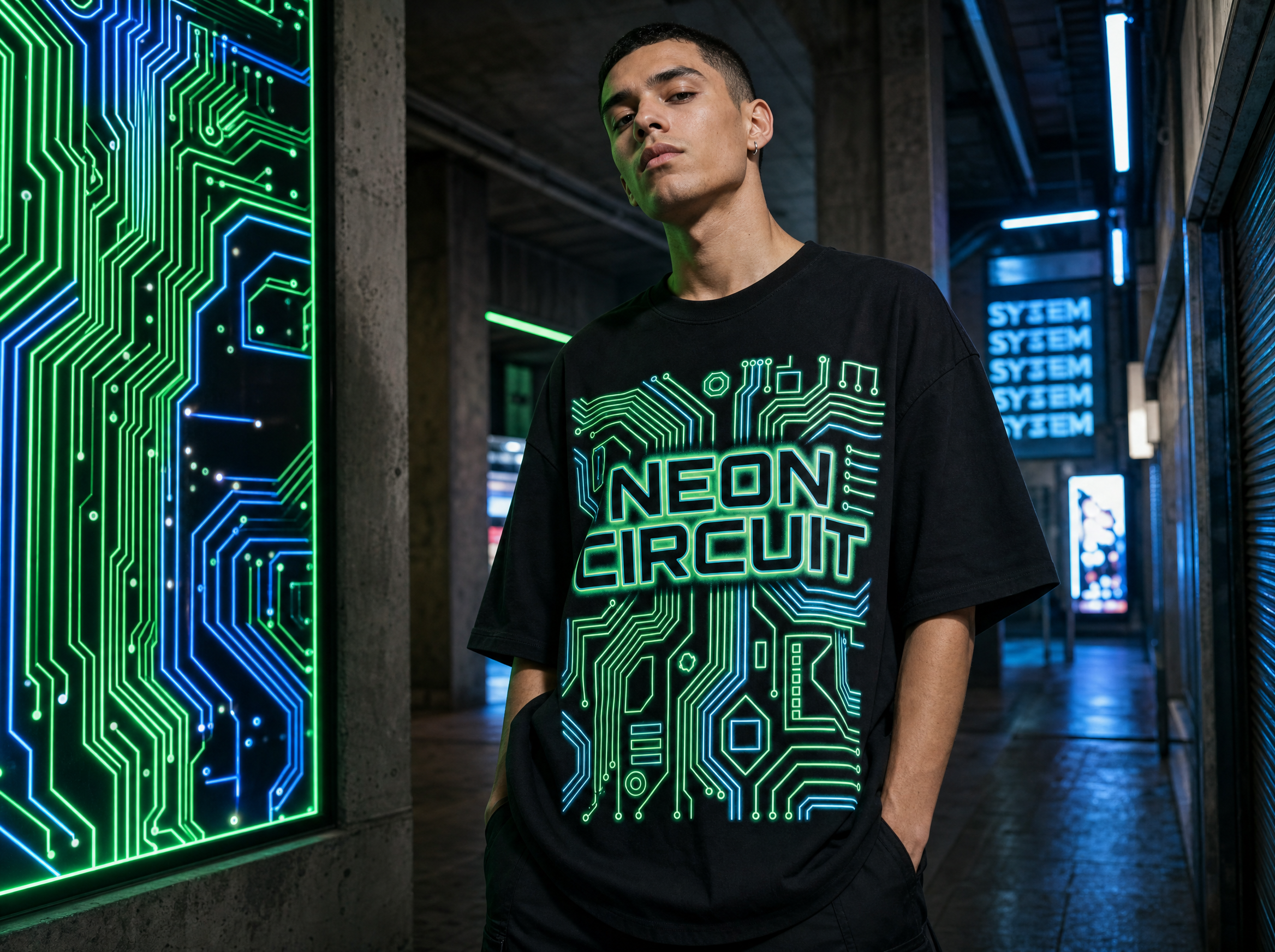 Neon Schaltkreis Oversized Streetwear T-Shirt – Lifestyle-Aufnahme