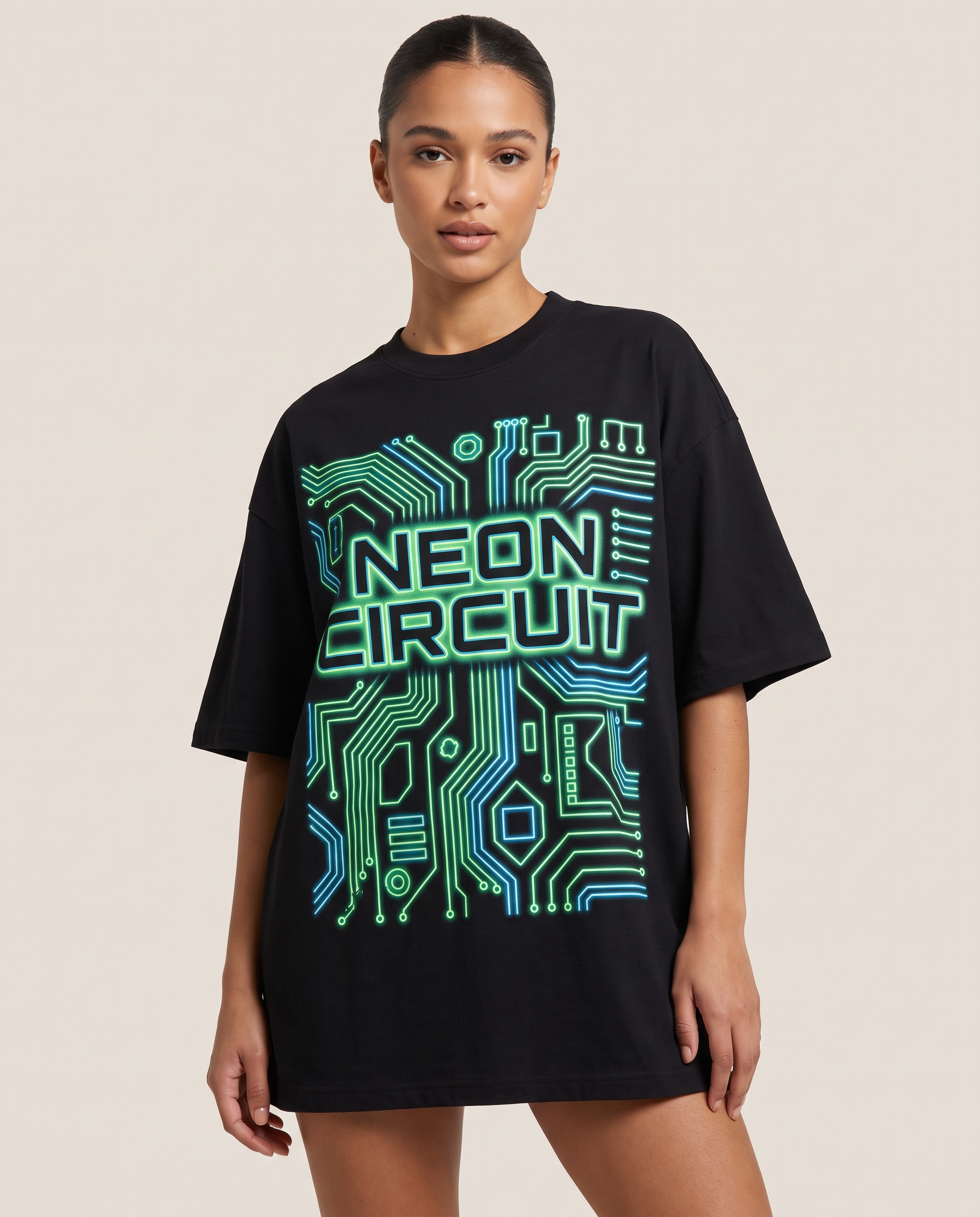 Neon Schaltkreis Oversized Streetwear T-Shirt, Vorderansicht – Pursesnet