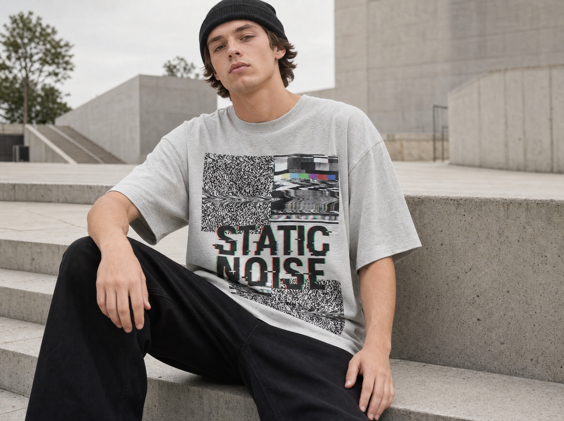 Statisches Rauschen Oversized Streetwear T-Shirt – Lifestyle-Aufnahme
