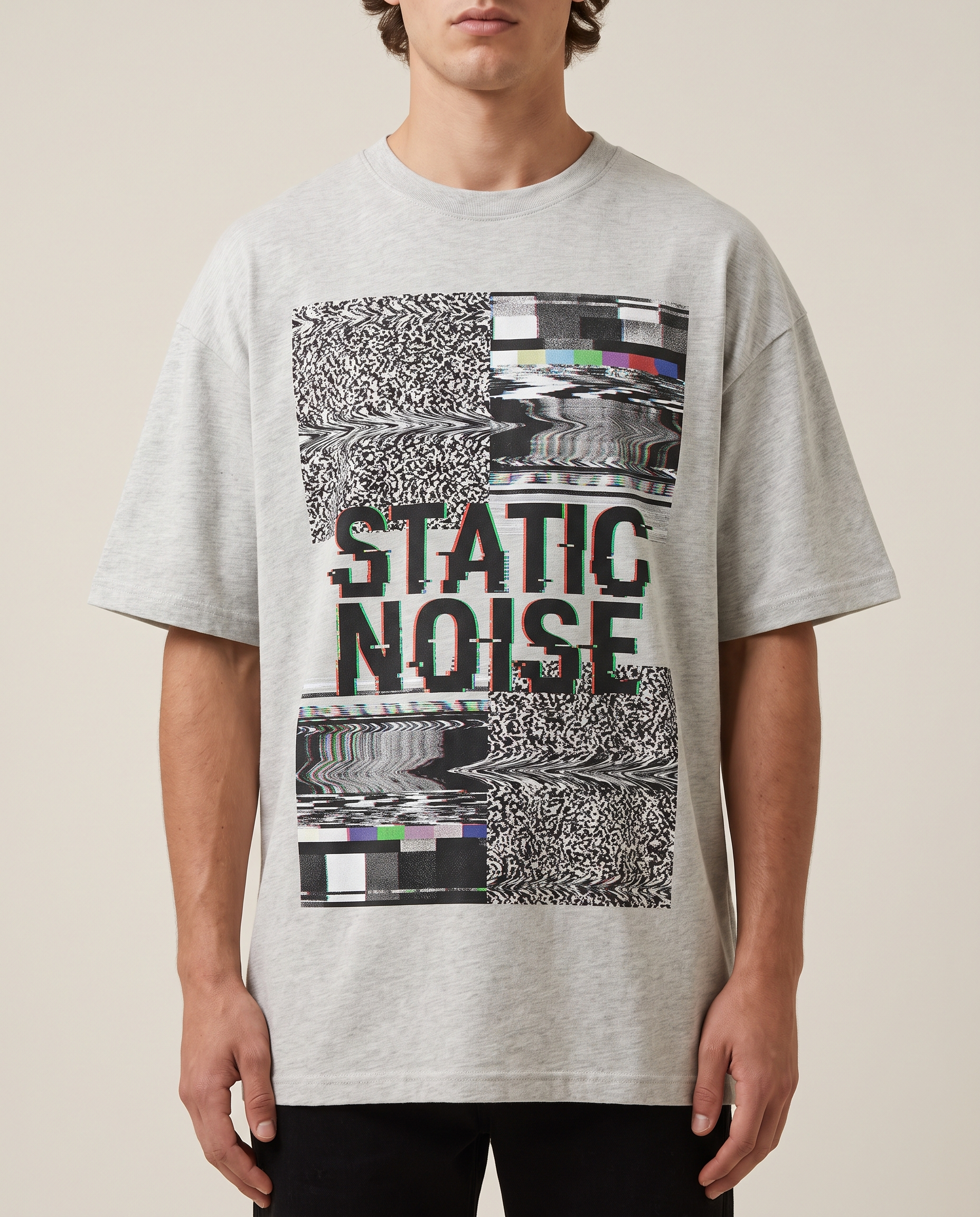 Statisches Rauschen Oversized Streetwear T-Shirt, Vorderansicht – Pursesnet